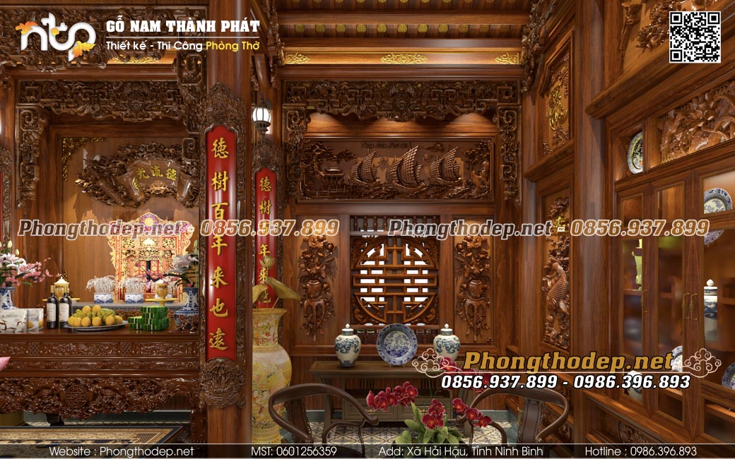 Phòng thờ nhà gỗ 3 gian cổ truyền đục chạm đẹp tinh xảo